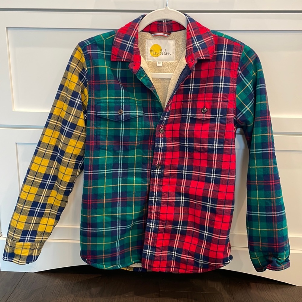 Sherpa lined Mini Boden multi tartan print button down shirt, boys size 11-12.